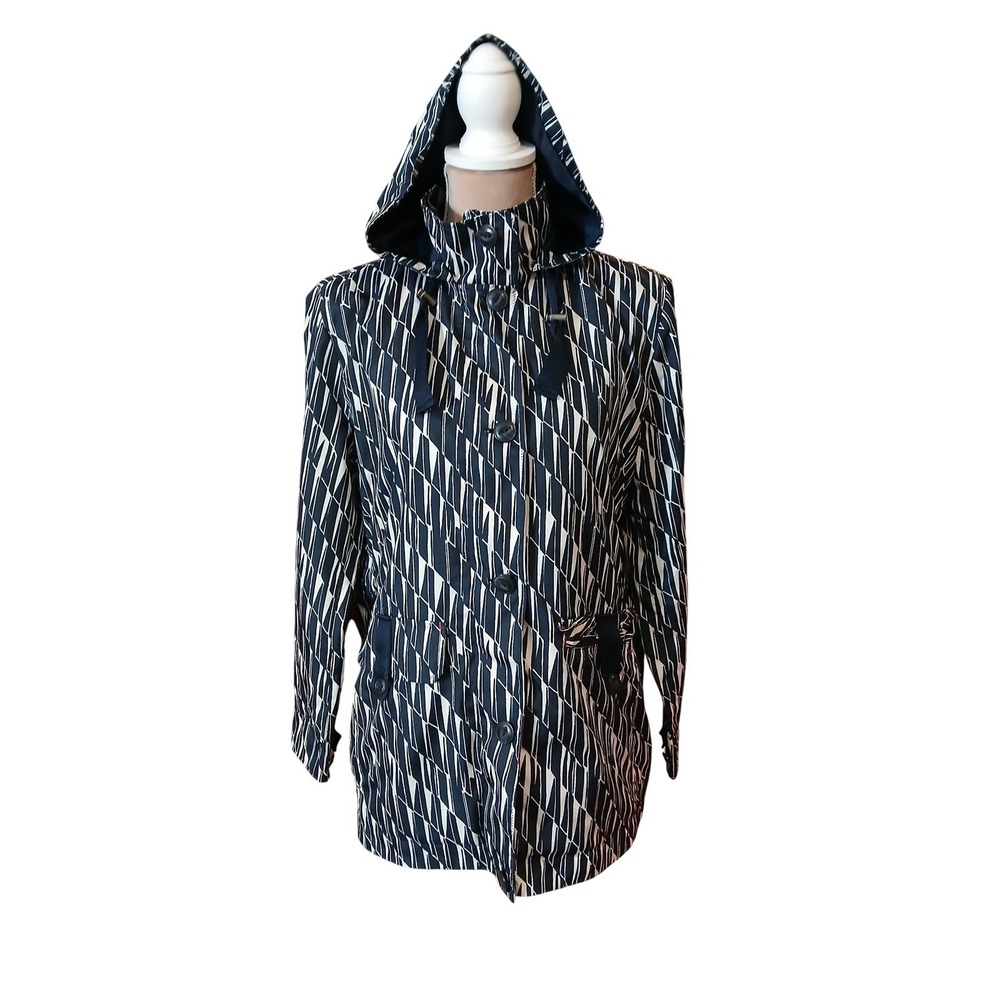 Lands End Women's Hooded Rain Jacket Geometric Print Navy White Full Zip M Pet
